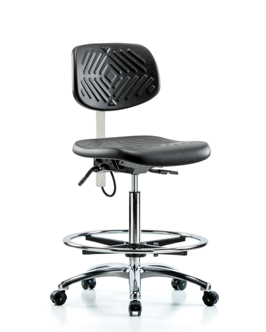 Blue Ridge Ergonomics ESD-PHBCH-CR-T1-A0-CF-EC Polyurethane ESD Chair - High Bench Height with Chrome Foot Ring, Seat Tilt, & ESD Casters
