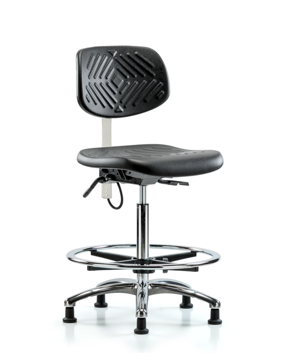 Blue Ridge Ergonomics ESD-PHBCH-CR-T1-A0-CF-EG Polyurethane ESD Chair - High Bench Height with Chrome Foot Ring, Seat Tilt, & ESD Stationary Glides