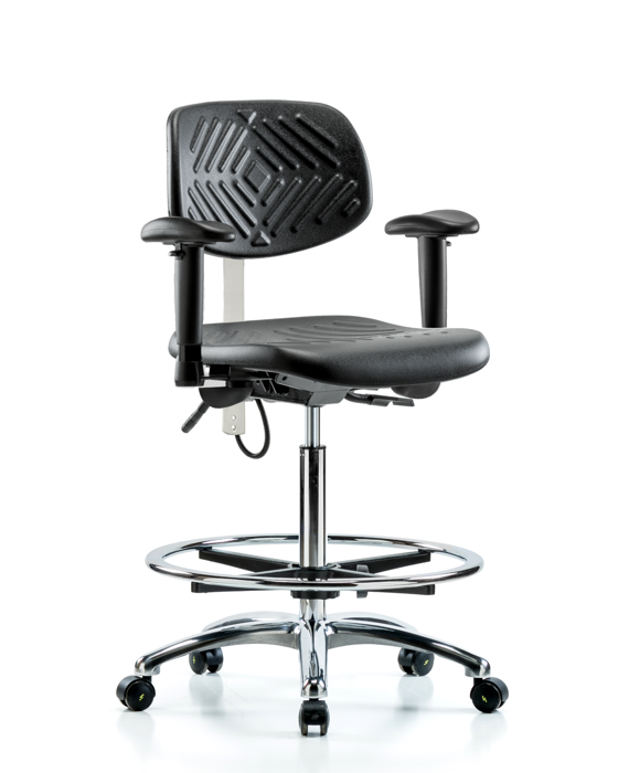 Blue Ridge Ergonomics ESD-PHBCH-CR-T1-A1-CF-EC Polyurethane ESD Chair - High Bench Height with Chrome Foot Ring, Seat Tilt, Adjustable Arms, & ESD Casters