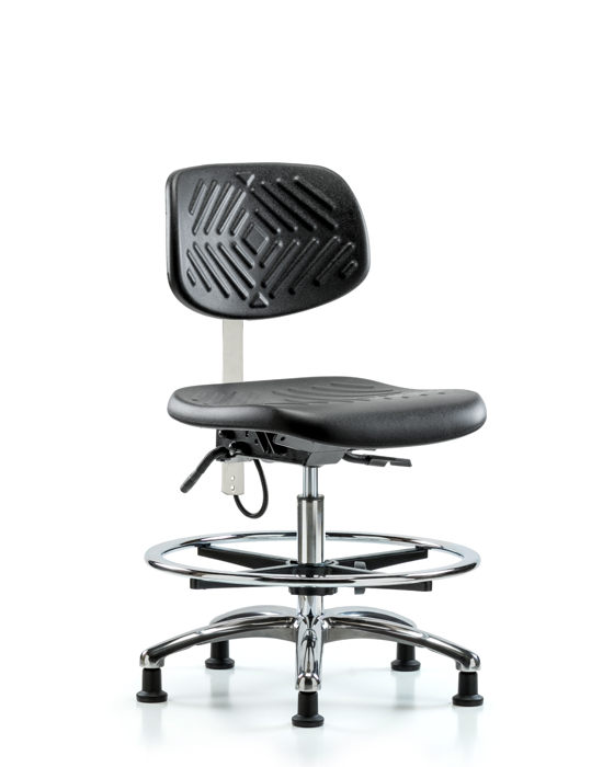 Blue Ridge Ergonomics ESD-PMBCH-CR-T0-A0-CF-EG Polyurethane ESD Chair - Medium Bench Height with Chrome Foot Ring & ESD Stationary Glides