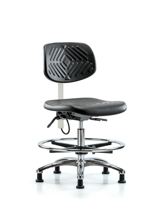 Blue Ridge Ergonomics ESD-PMBCH-CR-T0-A0-CF-EG Polyurethane ESD Chair - Medium Bench Height with Chrome Foot Ring & ESD Stationary Glides
