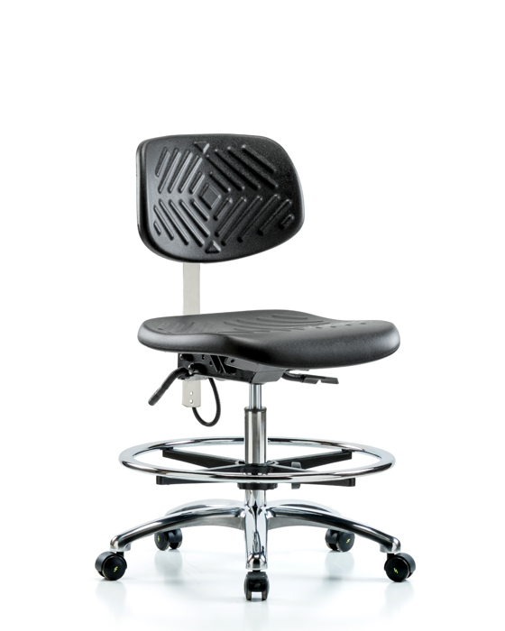 Blue Ridge Ergonomics ESD-PMBCH-CR-T1-A0-CF-EC Polyurethane ESD Chair - Medium Bench Height with Chrome Foot Ring, Seat Tilt, & ESD Casters