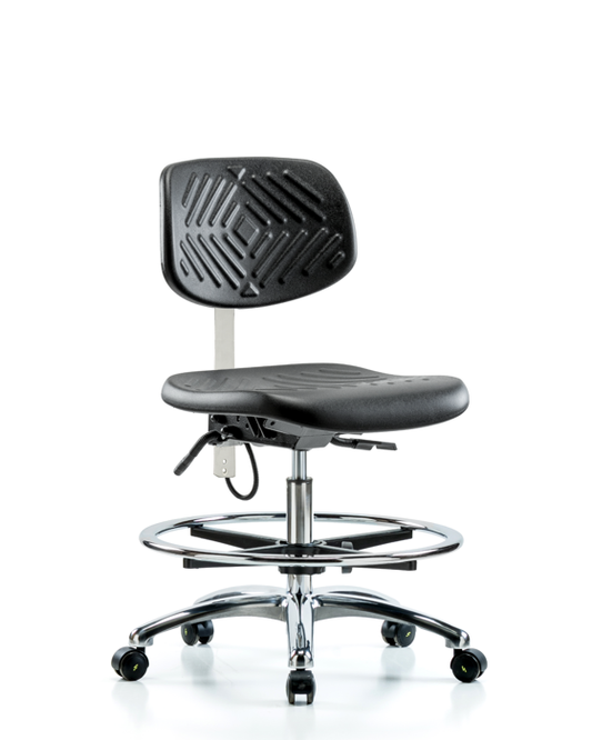 Blue Ridge Ergonomics ESD-PMBCH-CR-T1-A0-CF-EC Polyurethane ESD Chair - Medium Bench Height with Chrome Foot Ring, Seat Tilt, & ESD Casters