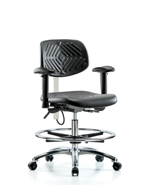 Blue Ridge Ergonomics ESD-PMBCH-CR-T1-A1-CF-EC Polyurethane ESD Chair - Medium Bench Height with Chrome Foot Ring, Seat Tilt, Adjustable Arms, & ESD Casters