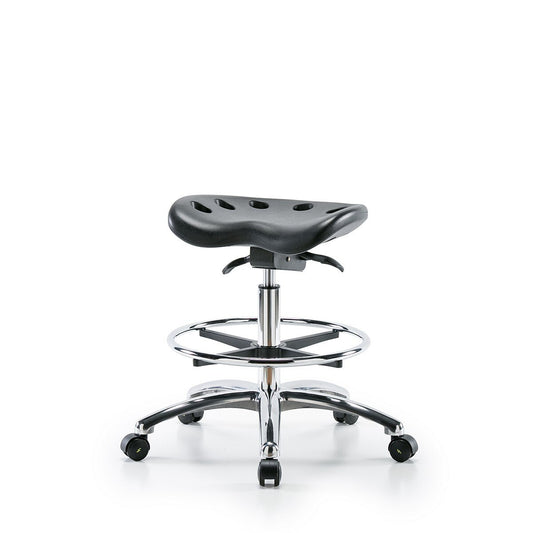 Blue Ridge Ergonomics ESD-PTMBSO-CR-CF-EC Polyurethane ESD Tractor Sit-Stand Stool Chrome - Medium Bench Height with Chrome Foot Ring & ESD Casters in ESD Black Polyurethane
