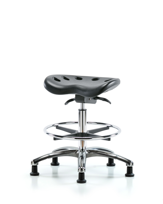 Blue Ridge Ergonomics ESD-PTMBSO-CR-CF-EG Polyurethane ESD Tractor Sit-Stand Stool Chrome - Medium Bench Height with Chrome Foot Ring & ESD Stationary Glides in ESD Black Polyurethane
