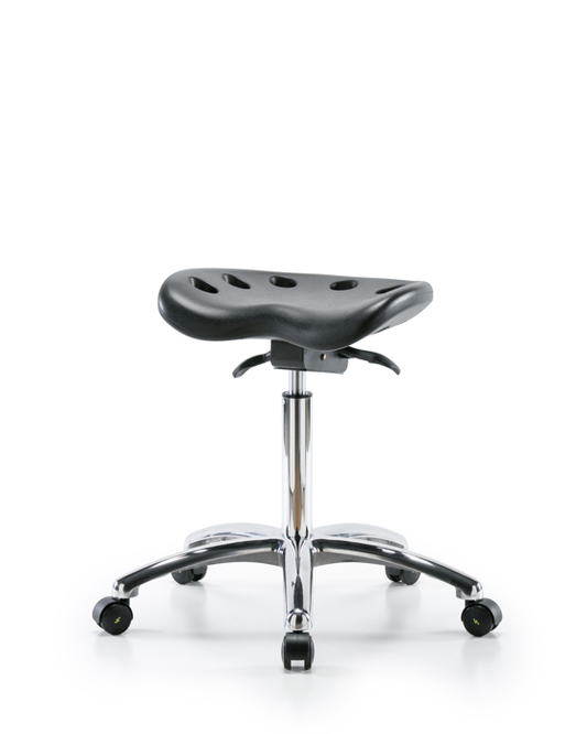 Blue Ridge Ergonomics ESD-PTMBSO-CR-NF-EC Polyurethane ESD Tractor Sit-Stand Stool Chrome - Medium Bench Height with ESD Casters in ESD Black Polyurethane