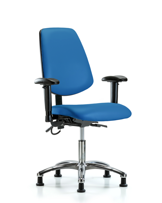 Blue Ridge Ergonomics ESD-VDHCH-MB-CR-T1-A1-EG-ESDBLU Vinyl ESD Chair - Desk Height with Medium Back, Seat Tilt, Adjustable Arms, & ESD Stationary Glides in ESD Blue Vinyl