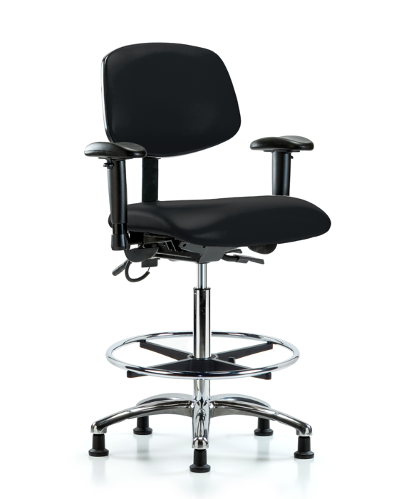 Blue Ridge Ergonomics ESD-VHBCH-CR-T0-A1-CF-EG-ESDBLK Vinyl ESD Chair - High Bench Height with Adjustable Arms, Chrome Foot Ring, & ESD Stationary Glides in ESD Black Vinyl