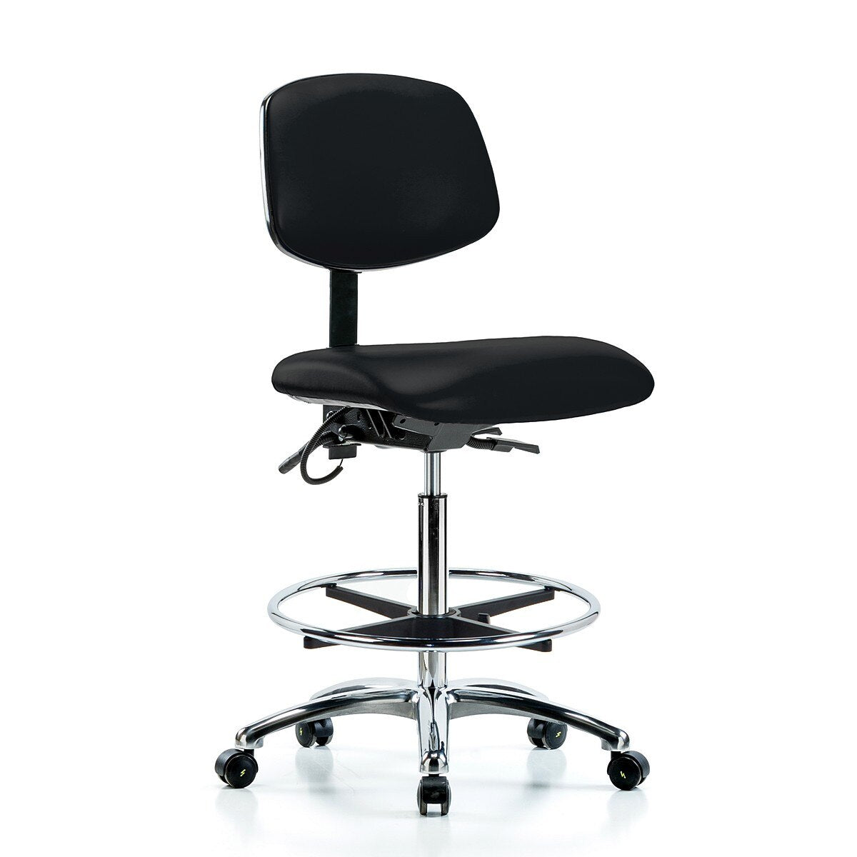 Blue Ridge Ergonomics ESD-VHBCH-CR-T1-A0-CF-EC-ESDBLK Vinyl ESD Chair - High Bench Height with Seat Tilt, Chrome Foot Ring, & ESD Casters in ESD Black Vinyl