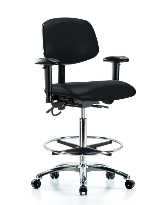 Blue Ridge Ergonomics ESD-VHBCH-CR-T1-A1-CF-EC-ESDBLK Vinyl ESD Chair - High Bench Height with Seat Tilt, Adjustable Arms, Chrome Foot Ring, & ESD Casters in ESD Black Vinyl