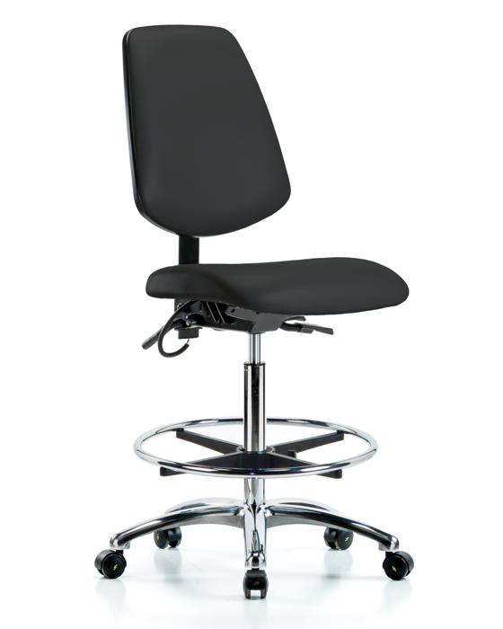 Blue Ridge Ergonomics ESD-VHBCH-MB-CR-T0-A0-CF-EC-ESDBLK Vinyl ESD Chair - High Bench Height with Medium Back, Chrome Foot Ring, & ESD Casters in ESD Black Vinyl