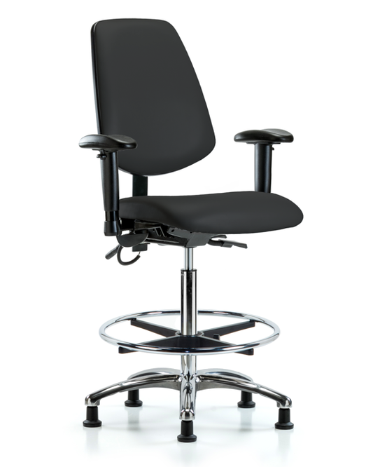 Blue Ridge Ergonomics ESD-VHBCH-MB-CR-T0-A1-CF-EG-ESDBLK Vinyl ESD Chair - High Bench Height with Medium Back, Adjustable Arms, Chrome Foot Ring, & ESD Stationary Glides in ESD Black Vinyl
