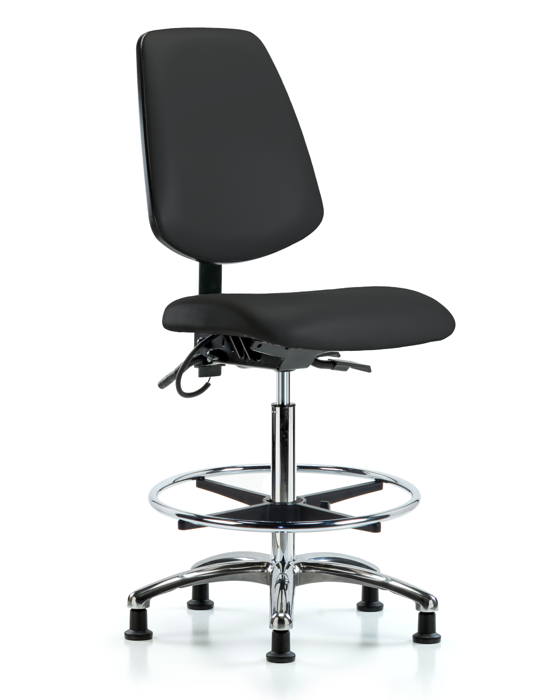Blue Ridge Ergonomics ESD-VHBCH-MB-CR-T1-A0-CF-EG-ESDBLK Vinyl ESD Chair - High Bench Height with Medium Back, Seat Tilt, Chrome Foot Ring, & ESD Stationary Glides in ESD Black Vinyl