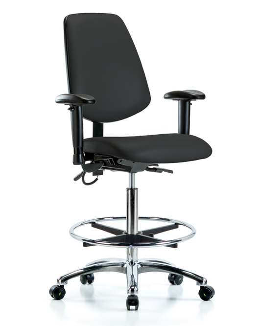 Blue Ridge Ergonomics ESD-VHBCH-MB-CR-T1-A1-CF-EC-ESDBLK Vinyl ESD Chair - High Bench Height with Medium Back, Seat Tilt, Adjustable Arms, Chrome Foot Ring, & ESD Casters in ESD Black Vinyl