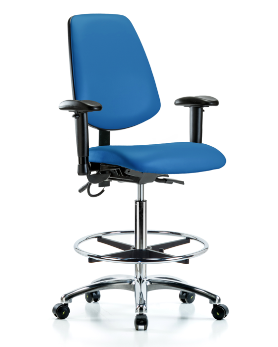 Blue Ridge Ergonomics ESD-VHBCH-MB-CR-T1-A1-CF-EC-ESDBLU Vinyl ESD Chair - High Bench Height with Medium Back, Seat Tilt, Adjustable Arms, Chrome Foot Ring, & ESD Casters in ESD Blue Vinyl