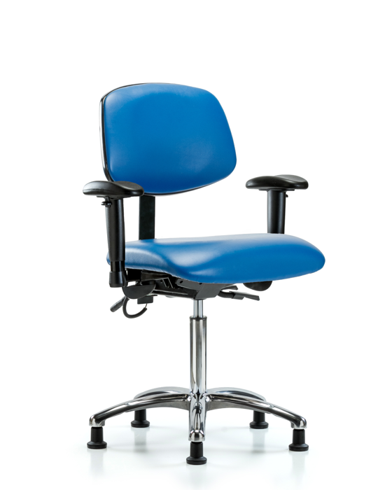 Blue Ridge Ergonomics ESD-VMBCH-CR-T0-A1-NF-EG-ESDBLU Vinyl ESD Chair - Medium Bench Height with Adjustable Arms & ESD Stationary Glides in ESD Blue Vinyl