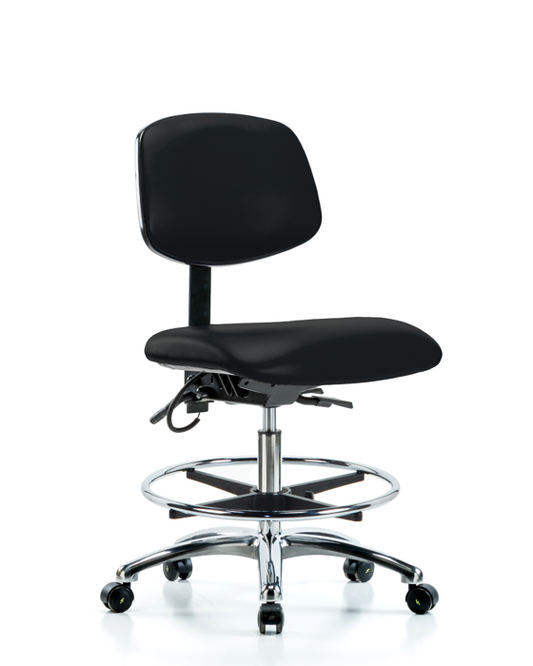 Blue Ridge Ergonomics ESD-VMBCH-CR-T1-A0-CF-EC-ESDBLK Vinyl ESD Chair - Medium Bench Height with Seat Tilt, Chrome Foot Ring, & ESD Casters in ESD Black Vinyl