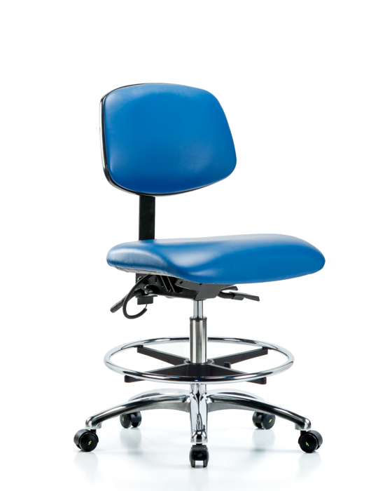 Blue Ridge Ergonomics ESD-VMBCH-CR-T1-A0-CF-EC-ESDBLU Vinyl ESD Chair - Medium Bench Height with Seat Tilt, Chrome Foot Ring, & ESD Casters in ESD Blue Vinyl