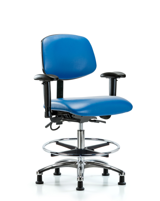 Blue Ridge Ergonomics ESD-VMBCH-CR-T1-A1-CF-EG-ESDBLU Vinyl ESD Chair - Medium Bench Height with Seat Tilt, Adjustable Arms, Chrome Foot Ring, & ESD Stationary Glides in ESD Blue Vinyl
