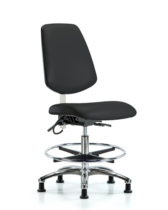 Blue Ridge Ergonomics ESD-VMBCH-MB-CR-T0-A0-CF-EG-ESDBLK Vinyl ESD Chair - Medium Bench Height with Medium Back, Chrome Foot Ring, & ESD Stationary Glides in ESD Black Vinyl