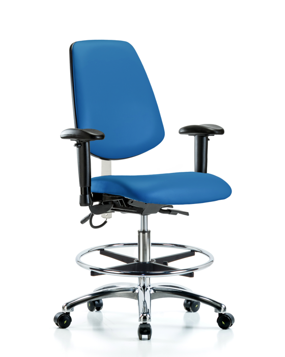 Blue Ridge Ergonomics ESD-VMBCH-MB-CR-T0-A1-CF-EC-ESDBLU Vinyl ESD Chair - Medium Bench Height with Medium Back, Adjustable Arms, Chrome Foot Ring, & ESD Casters in ESD Blue Vinyl
