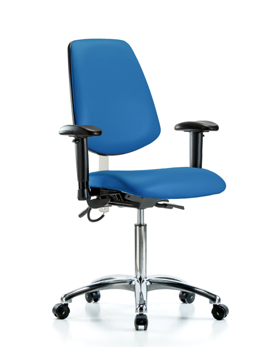 Blue Ridge Ergonomics ESD-VMBCH-MB-CR-T0-A1-NF-EC-ESDBLU Vinyl ESD Chair - Medium Bench Height with Medium Back, Adjustable Arms, & ESD Casters in ESD Blue Vinyl
