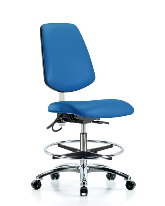 Blue Ridge Ergonomics ESD-VMBCH-MB-CR-T1-A0-CF-EC-ESDBLU Vinyl ESD Chair - Medium Bench Height with Medium Back, Seat Tilt, Chrome Foot Ring, & ESD Casters in ESD Blue Vinyl