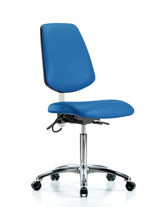Blue Ridge Ergonomics ESD-VMBCH-MB-CR-T1-A0-NF-EC-ESDBLU Vinyl ESD Chair - Medium Bench Height with Medium Back, Seat Tilt, & ESD Casters in ESD Blue Vinyl
