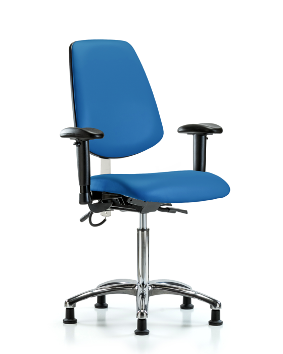Blue Ridge Ergonomics ESD-VMBCH-MB-CR-T1-A1-NF-EG-ESDBLU Vinyl ESD Chair - Medium Bench Height with Medium Back, Seat Tilt, Adjustable Arms, & ESD Stationary Glides in ESD Blue Vinyl