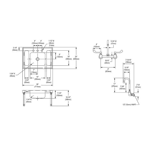 Elkay ESLV2820W4C Stainless Steel 28" x 20" x 7-1/2" Wall Hung Lavatory Sink Kit