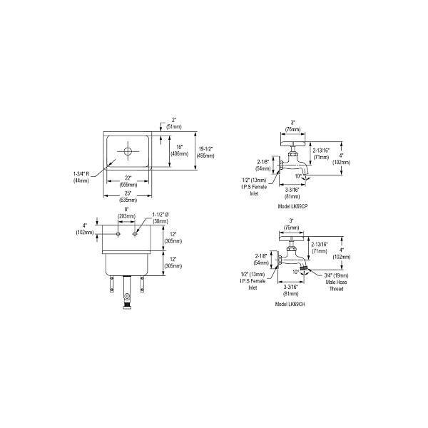 Elkay ESS2520C Stainless Steel 25" x 19-1/2" x 12 Wall Hung Service Sink Kit