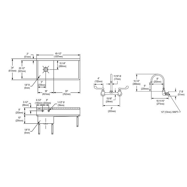 Elkay ESS4924RW4C Stainless Steel 49-1/2" x 24" x 10 Wall Hung Service Sink Kit