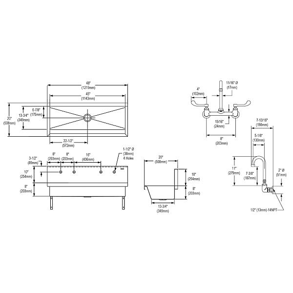 Elkay EWMA4820C Stainless Steel 48" x 20" x 8" Wall Hung Multiple Station Hand Wash Sink Kit