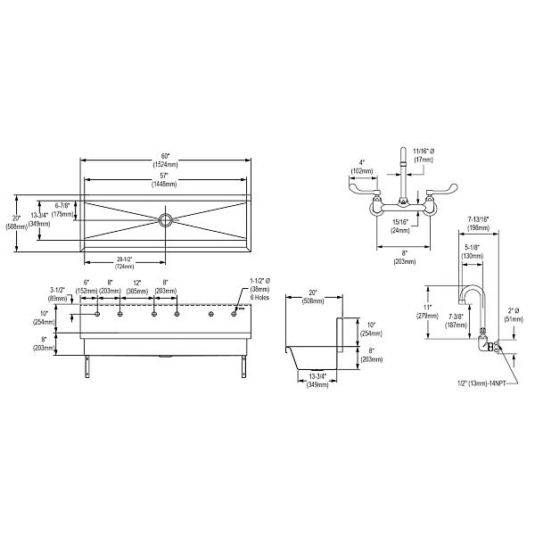 Elkay EWMA6020C Stainless Steel 60" x 20" x 8" Wall Hung Multiple Station Hand Wash Sink Kit