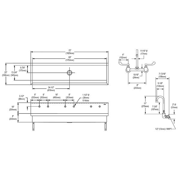 Elkay EWMA7220C Stainless Steel 72" x 20" x 8" Wall Hung Multiple Station Hand Wash Sink Kit