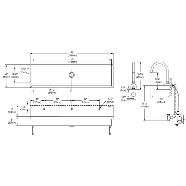 Elkay EWMA7220SACMC Stainless Steel 72" x 20" x 8" Wall Hung Multiple Station Hand Wash Sink Kit