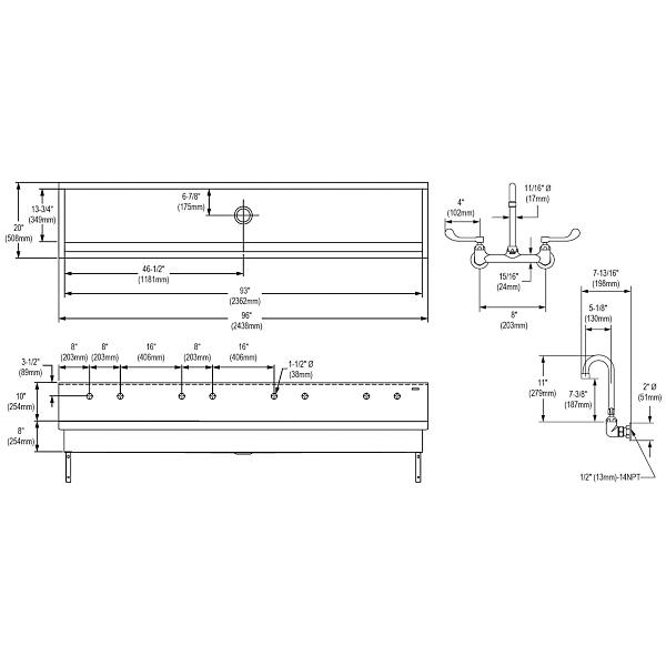 Elkay EWMA9620C Stainless Steel 96" x 20" x 8" Wall Hung Multiple Station Hand Wash Sink Kit