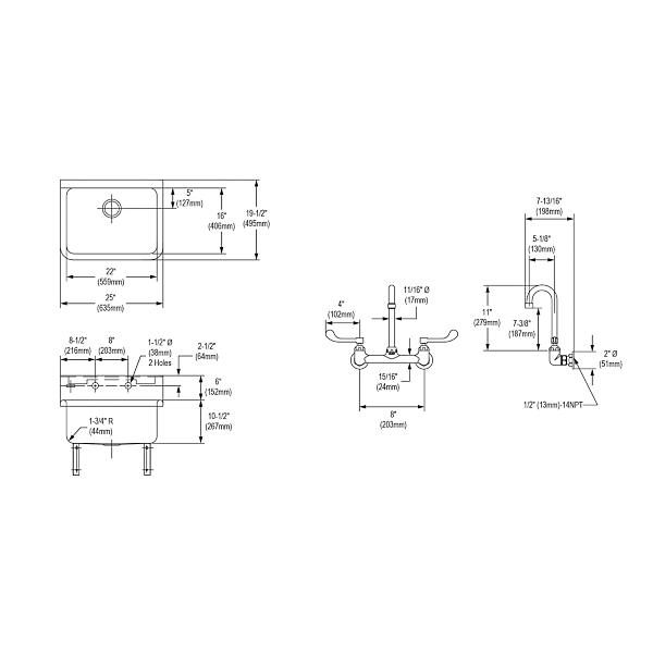 Elkay EWS2520W4C Stainless Steel 25" x 19.5" x 10-1/2" Wall Hung Single Bowl Hand Wash Sink Kit