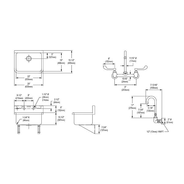 Elkay EWS2520W6C Stainless Steel 25" x 19.5" x 10-1/2" Wall Hung Single Bowl Hand Wash Sink Kit