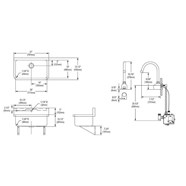 Elkay EWS3120SACC Stainless Steel 31" x 19.5" x 10-1/2" Wall Hung Single Bowl Hand Wash Sink Kit