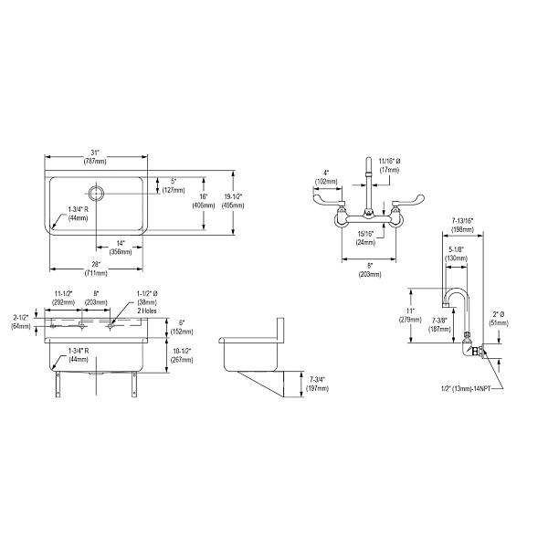 Elkay EWS3120W4C Stainless Steel 31" x 19.5" x 10-1/2" Wall Hung Single Bowl Hand Wash Sink Kit