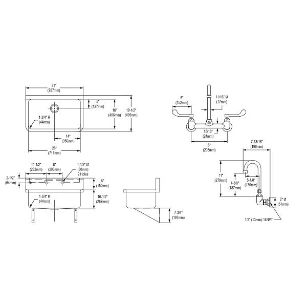 Elkay EWS3120W6C Stainless Steel 31" x 19.5" x 10-1/2" Wall Hung Single Bowl Hand Wash Sink Kit