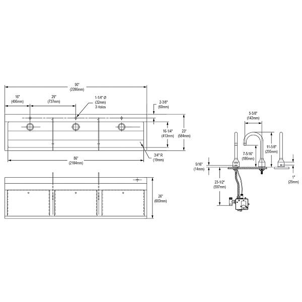 Elkay EWSF39026SACC Stainless Steel 90" x 23" x 26" Wall Hung Triple Station Surgeon Scrub Sink Kit