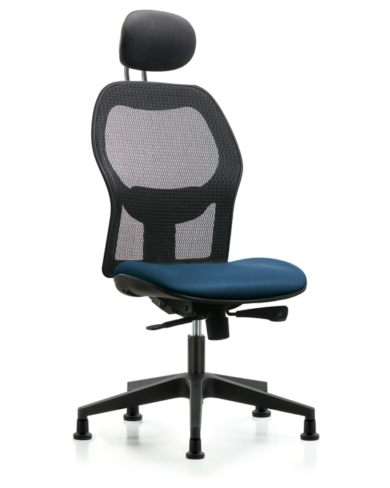 Blue Ridge Ergonomics EXE-VMDHCH-RG-H1-A0-RG-8801 Executive Windova Mesh Back Chair with Marine Blue Supernova™ Seat, Head Rest, & Stationary Glides
