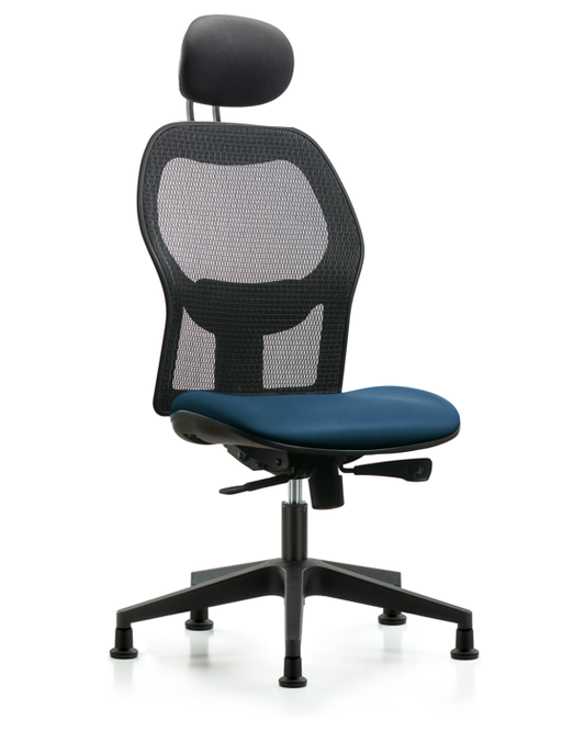 Blue Ridge Ergonomics EXE-VMDHCH-RG-H1-A0-RG-8801 Executive Windova Mesh Back Chair with Marine Blue Supernova™ Seat, Head Rest, & Stationary Glides