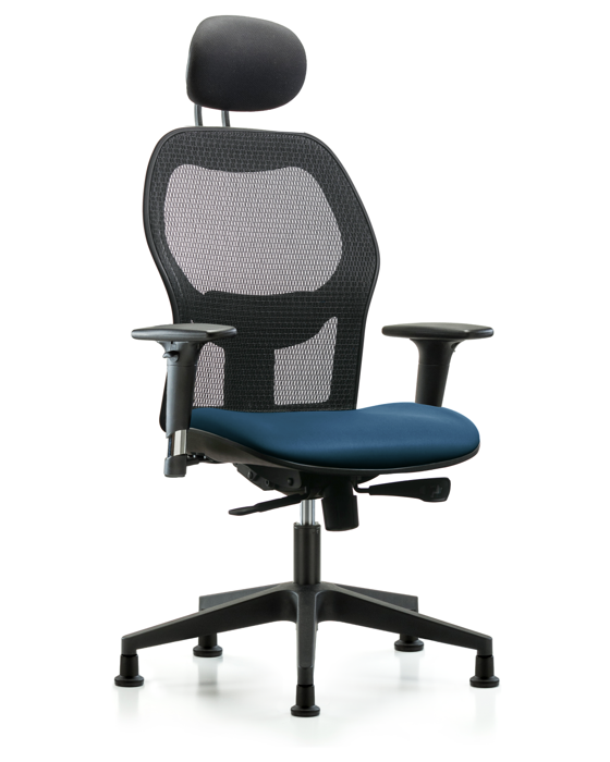 Blue Ridge Ergonomics EXE-VMDHCH-RG-H1-A1-RG-8801 Executive Windova Mesh Back Chair with Marine Blue Supernova™ Seat, Head Rest, Standard Adjustable Arms, & Stationary Glides