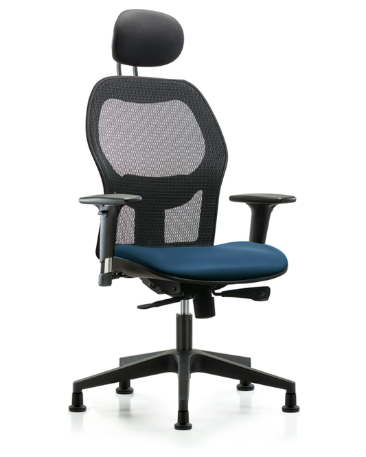 Blue Ridge Ergonomics EXE-VMDHCH-RG-H1-A1-RG-8801 Executive Windova Mesh Back Chair with Marine Blue Supernova™ Seat, Head Rest, Standard Adjustable Arms, & Stationary Glides