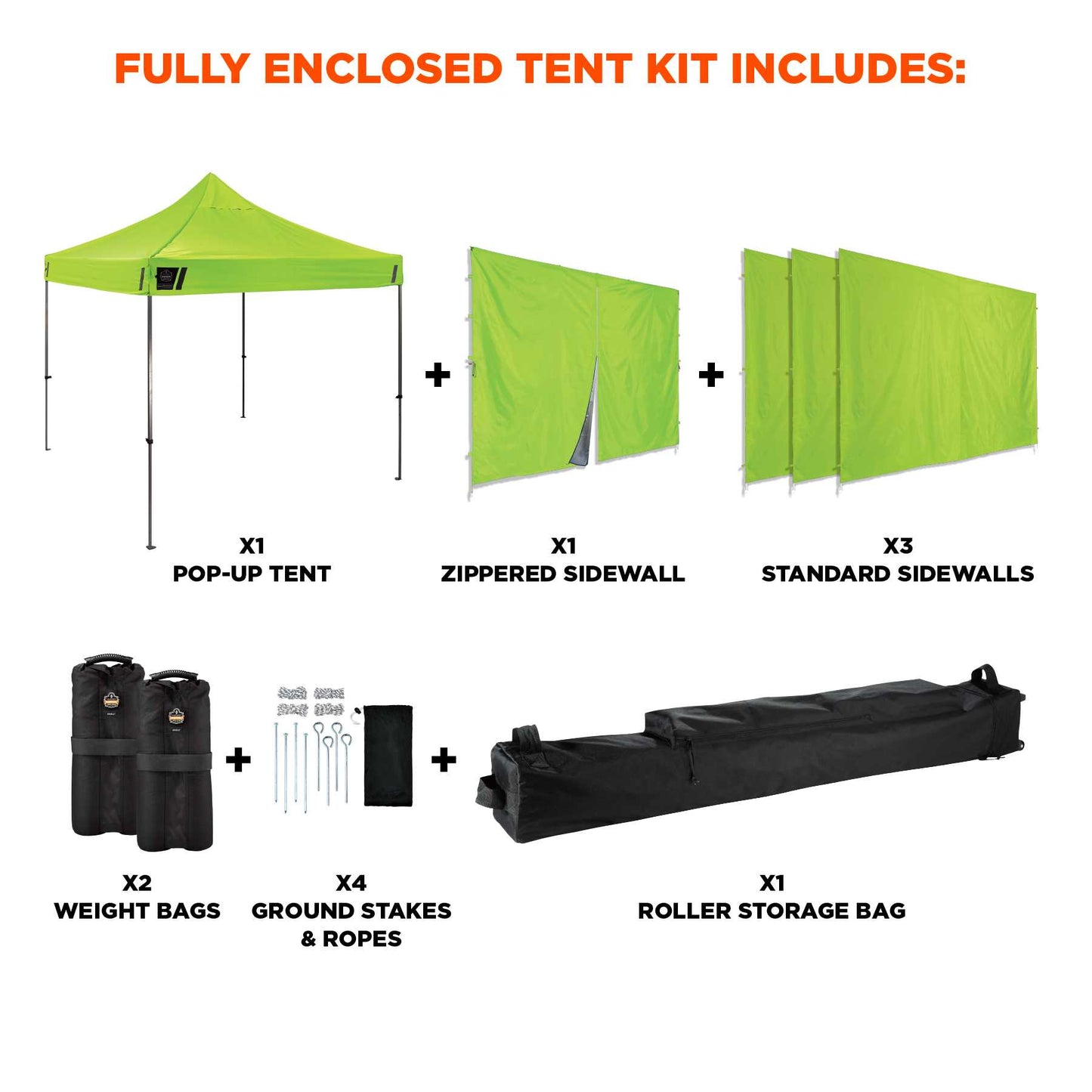 Ergodyne 12976 SHAX 6053 Enclosed Pop-Up Tent Kit - Includes 1 Tent and 4 Sidewalls - 10ft x 10ft  (Lime)