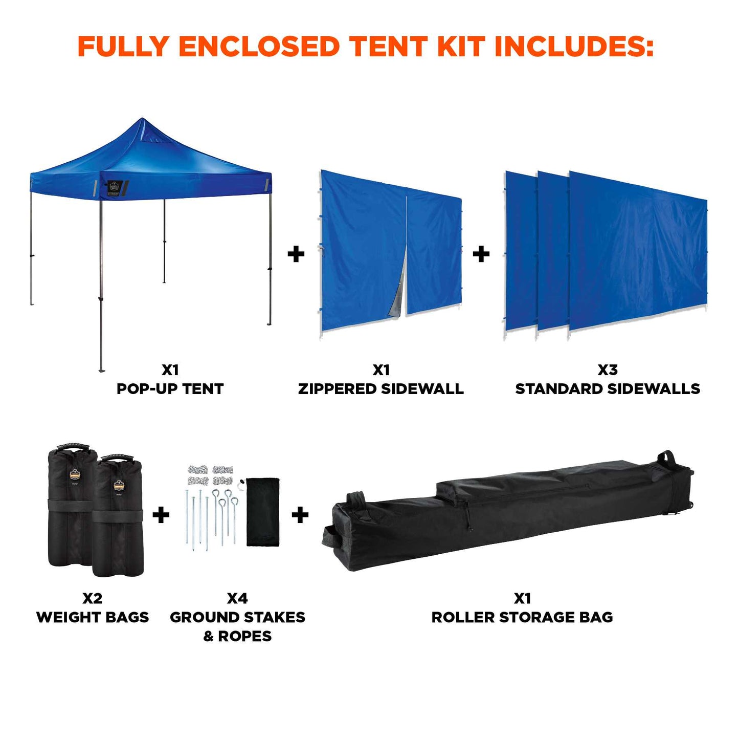 Ergodyne 12977 SHAX 6053 Enclosed Pop-Up Tent Kit - Includes 1 Tent and 4 Sidewalls - 10ft x 10ft  (Blue)